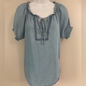 Mine Chambray Top with Ruffled Neckline and Tie Front